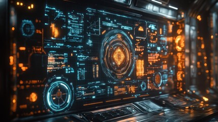 Futuristic Spaceship Control Panel:  A Glowing Interface of Digital Data and Technology
