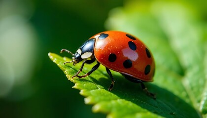 Fototapeta premium Ladybug Macro: Morning Light on Leaf Close-up macro of a red ladybug walking across a green leaf with its shell and legs illuminated by fresh morning light, ideal for nature, luck, and insect related 