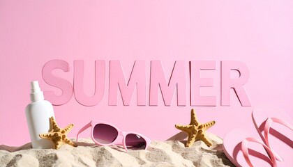 Stylish pink summer-themed background adorned with beach items like sunglasses, flip-flops, and shells

