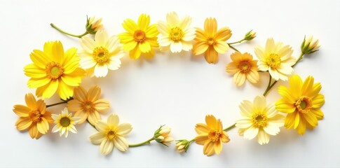 Golden yellow flower crown, diverse blooms, minimalist white background , elegant, minimal, yellow flower wreath