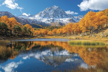 Fototapeta premium Mountain reflects in lake surrounded by autumn trees under a blue sky.