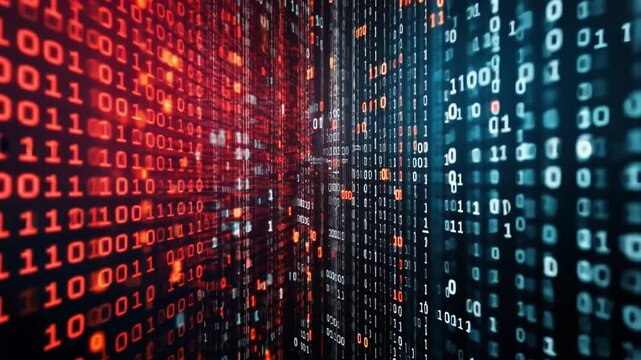 Mesmerizing Digital Data Streams An Abstract Background of Binary Code and Technology in Red and Blue Hues, Showcasing Flow of Information and Innovation.