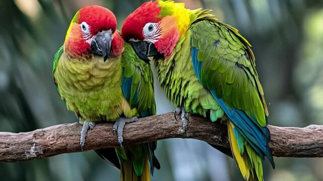 Vibrant Green and Red Parrots Perched on a Branch