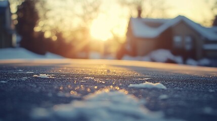 Winter sunset on icy snow-covered ground