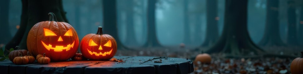 Fototapeta premium Jack-o'-lanterns illuminate a rustic table in a fog-shrouded forest Halloween ambiance , mysterious, still life