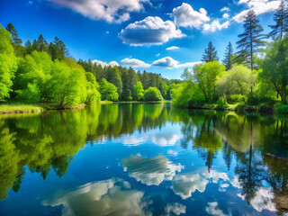 Clean lake in green spring summer forest. Clean tranquil lake in green spring summer forest Blue sunny sky.