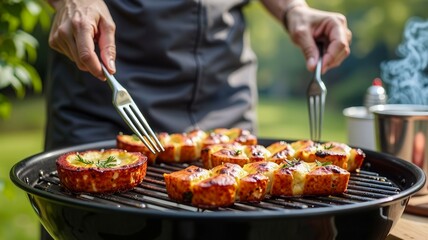 A person is cooking food on a grill, with a fork in their hand. The food is a variety of meat and cheese, and the person is using a fork to flip it. Scene is casual and relaxed