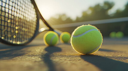 Tennis Ball Close Up On Court With Racket in Sunset Light, Sport Training Equipment