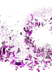 Fototapeta premium Vibrant purple confetti bursts and swirls on white background. Ideal for celebrations, parties, and festive designs.