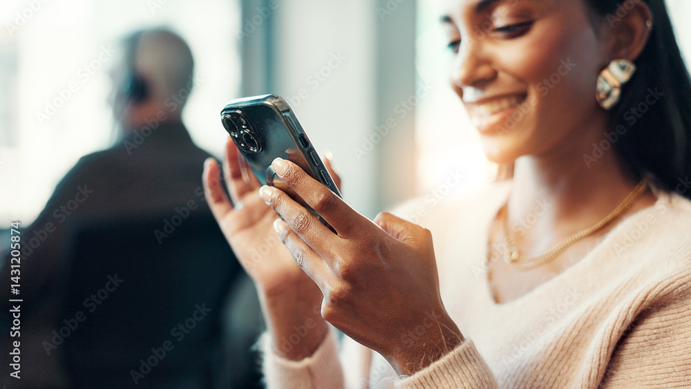 Poster hands, phone and smile of business woman in call center for communication, feedback or text message.