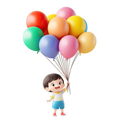 A Joyful Child Soaring High with Colorful Balloons: A 3D Rendered Image of Childhood Dreams and Happiness
