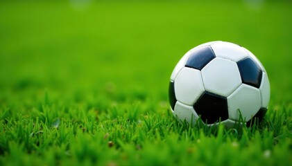Fototapeta premium Lush green lawn texture, soccer ball nestled in perfect turf , football, photo, grass