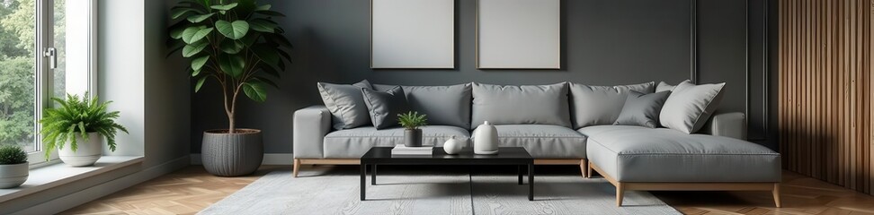 Luxury grey home, black coffee table, potted plant, brown parquet, mock-up frames , interior, decor