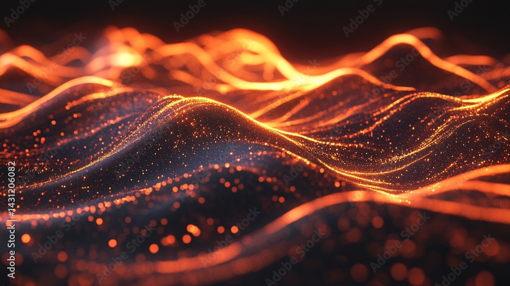 Poster glowing abstract waves dance with mesmerizing particle effects in darkness