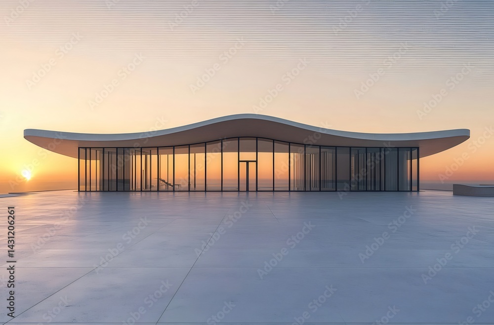 Poster 夕焼け時の現代建築ガラス張りの洗練された建物 屋根の曲線と空の光を捉えた美しいデザイン