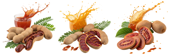 Set of tamarind skices and juice splash isolated on a transparent background