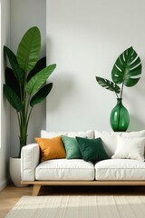 Minimalist living room, eucalyptus green accents, stylish shelf, tropical leaf vase , modern, shelf, green