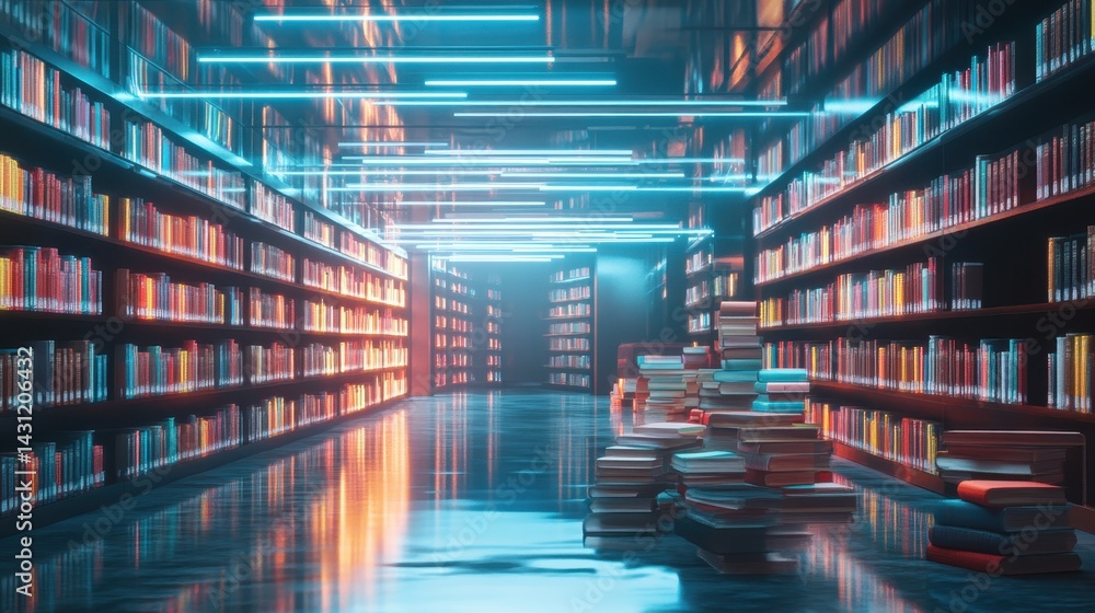 Poster high-tech virtual library with glowing books and digital interfaces at night