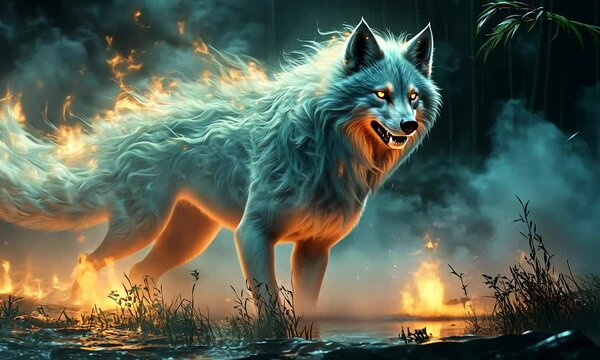 A fierce white wolf emerges through smoke and flames in a mystical forest at dusk