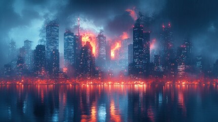 Fototapeta premium Burning city skyline reflected in water