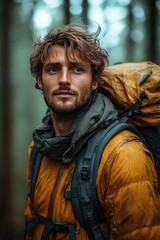 Man with backpack in forest wearing yellow jacket looking ahead adventure travel.