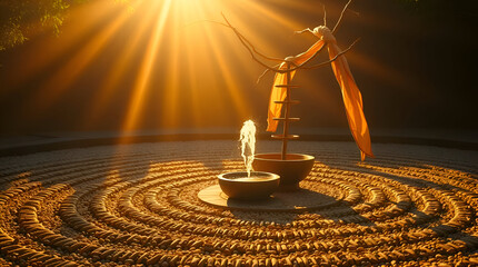 Minimalist Office Zen Garden with Raked Gravel and Meditation Pod - Workplace Wellness Concept