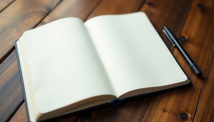 Open notebook with blank pages on wooden table, ready for notes , open book, diary, wood
