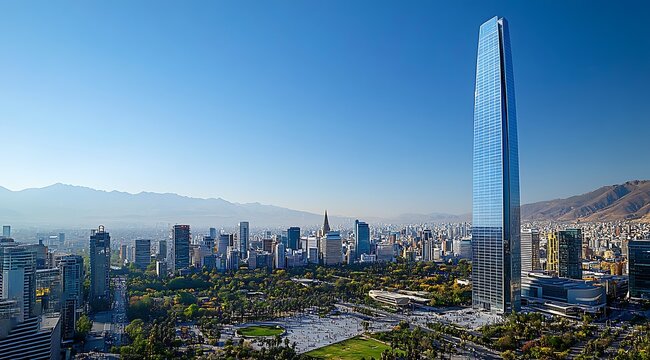 Santiago chile skyline with costanera center tower and urban park view