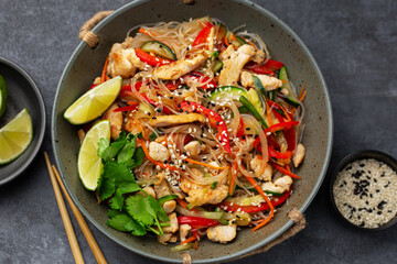 rice noodles with chicken and  vegetables