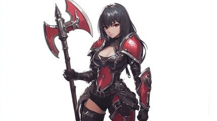 Obraz premium Anime girl warrior in red armor holding a battle axe.