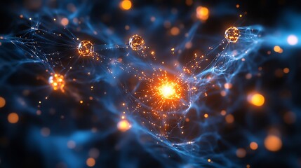 Obraz premium Abstract ATP energy transfer visualized glowing sparks between molecules