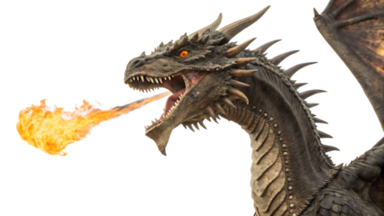 side view dragon head spitting fire isolated on white background PNG. AI GENERATED