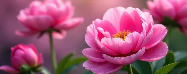 Fototapeta premium Pink peony's central pestle; blurred pink floral backdrop, pink flower, floral design