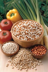 Obraz premium Assortment of Grains and Vegetables in Wooden Bowls