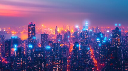 Fototapeta premium Vibrant city skyline at dusk, showcasing illuminated buildings and a colorful sky.
