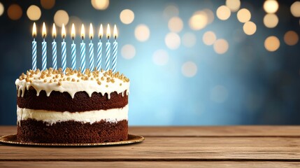 Chocolate Birthday Cake with Blue Candles and Bokeh Lights