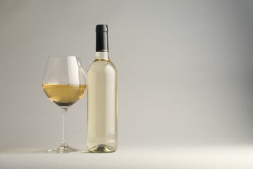 Tasty white wine in glass and bottle on light grey background, space for text