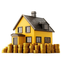 Yellow House Surrounded by Stacks of Coins Representing Wealth and Prosperity in a Financial Setting on transparent background