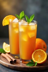 Refreshing orange cinnamon iced tea in glasses, quenching, liquid
