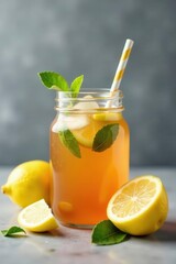 Fototapeta premium Refreshing summer iced tea with bergamot & lemon in glass jar against grey wall , jar, copy space, food photography