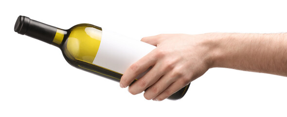 Man holding bottle of luxury wine on white background. Mockup for design