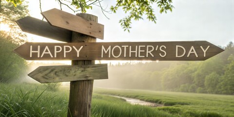 Rustic wooden signpost saying happy mothers day in nature with sunrise background and lush green field
