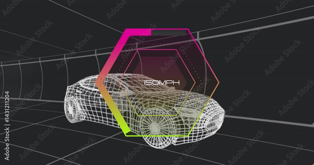 Poster 3d wireframe sports car being visualized in tunnel, featuring hexagonal hud speed readout 30 mph