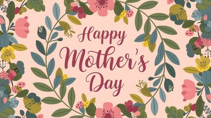 Vibrant and Colorful 'Happy Mother's Day' Design Featuring a Circular Floral Arrangement with Pink, Yellow, Green, and Blue Flowers, Leaves, and Berries, and Elegant Cursive Typography at the Center