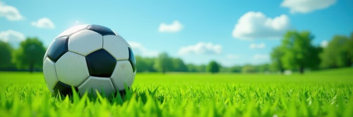 Naklejka premium Aged monochrome football, vibrant green lawn, clear blue sky , black and white, vintage
