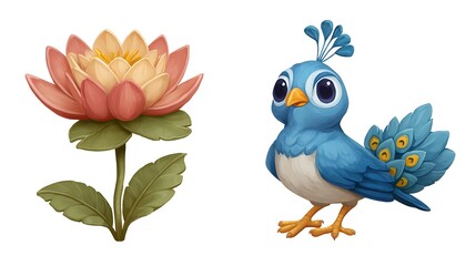 Fototapeta premium Colorful Floral Design with a Vibrant Bird Character in a Playful Illustration Style