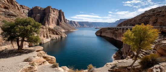 A landscape of rocky cliffs and waterways, with a tree in the foreground