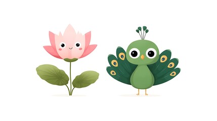 Fototapeta premium Cute Cartoon Flower and Colorful Peacock Character in Minimalist Style for Kids and Nursery Decor