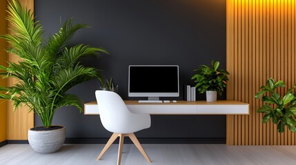 Modern home office with green plants and minimalist design