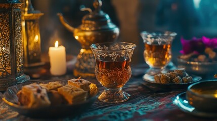 Obraz premium Ornate Tea Cups with Baklava and Candles: A Warm, Luxurious Scene